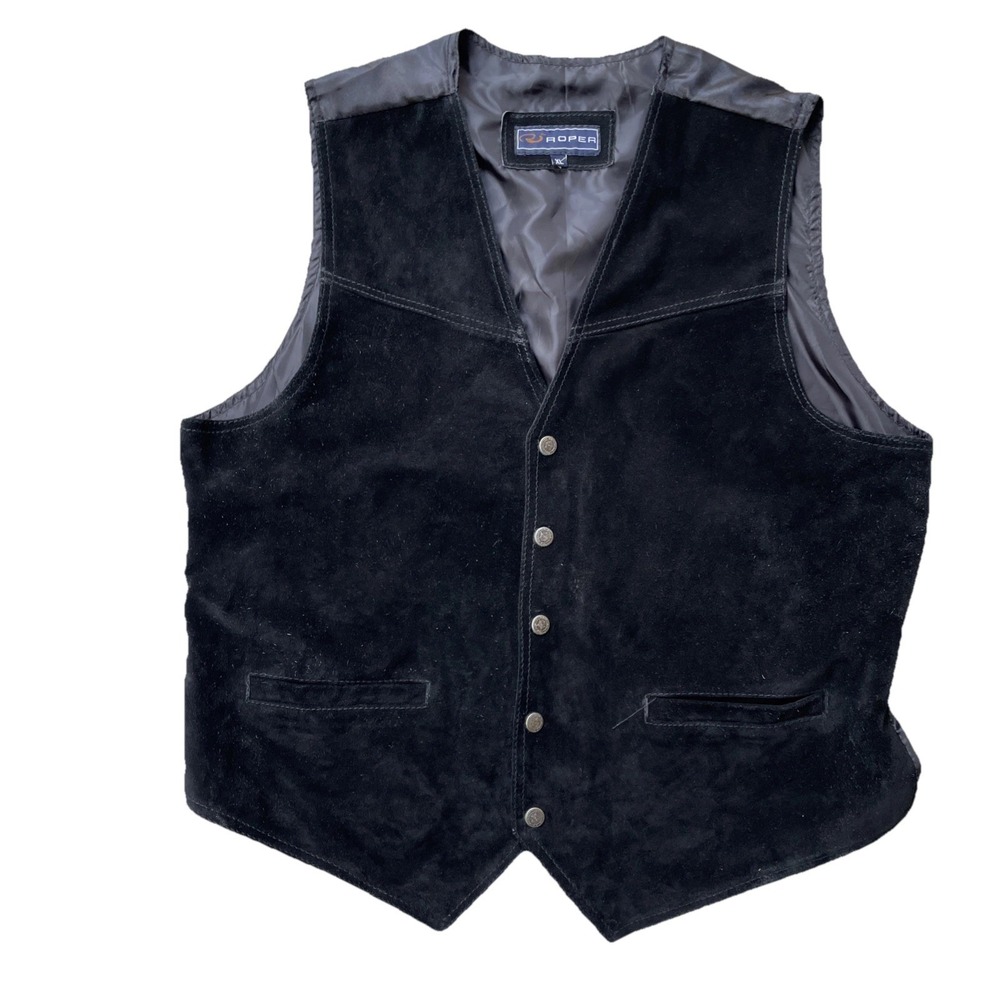 Roper‎ Men's Leather Vest XL Black Western Snap Front Great Seal Buttons OK